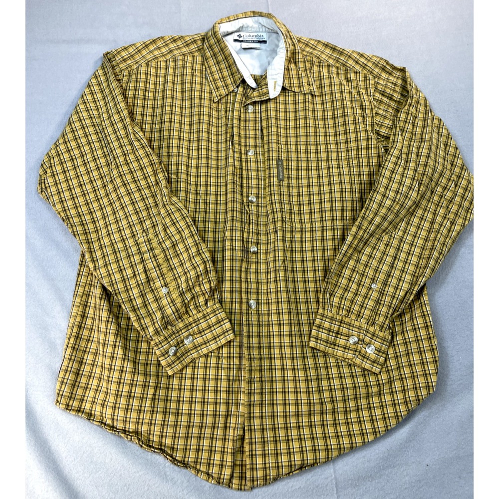 Columbia Shirt Medium Yellow Brown Plaid Long Sleeve Outdoor Dad Mens